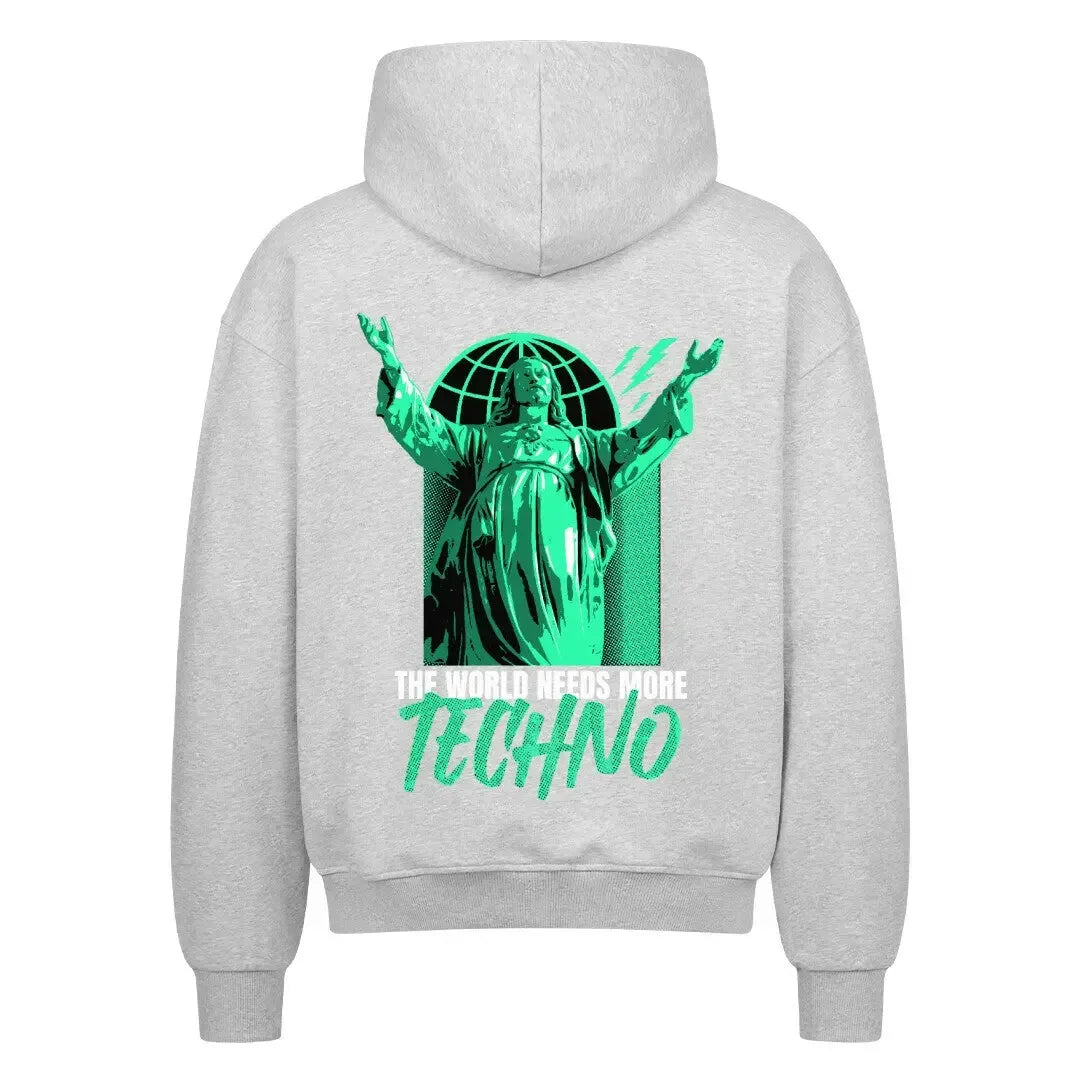DIE WELT BRAUCHT MEHR TECHNO - Oversized-Kapuzenpullover mit Reißverschluss (Rückendruck) - 4BeaTz - Music&Fashion